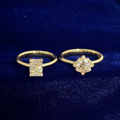 14k Yellow Gold Matching Couple Custom Engagement Rings, one with 1.21ct I/VVS GIA Radiant-cut Natural Diamond, one with 1.11ct J/SI2 Round Natural Diamond