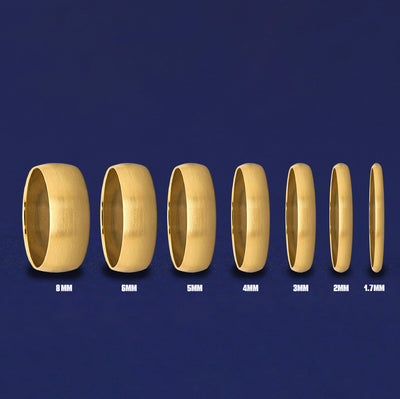 Seven versions of the Curvy Matte Band showing the different thickness options of the ring from 8mm to 1.7mm