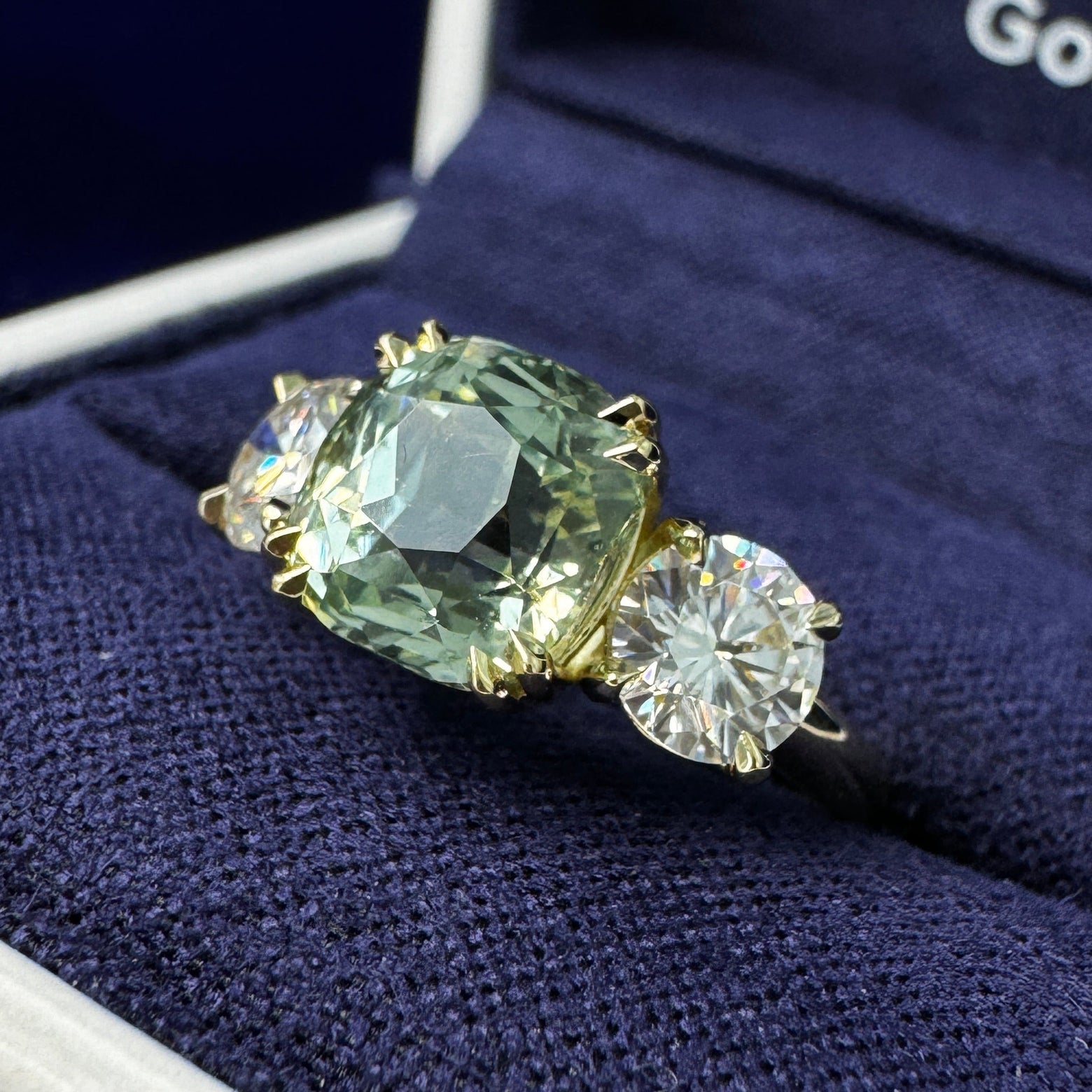 14k Yellow Gold and 3.17ct Cushion Green Sapphire with 5mm Round Moissanites 3-stone Custom Ring, size 4.5