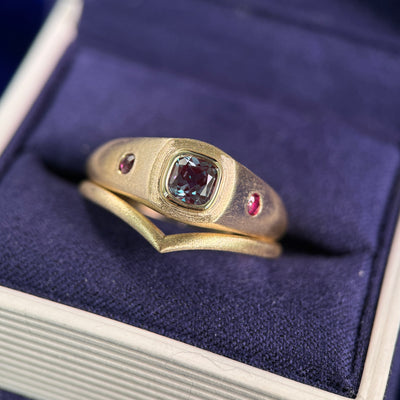 14k Yellow Gold and Bezel-set 5mm Cushion Alexandrite with 2pc Customers Rubies on the sides Brushed Custom Signet Ring and 14k Yellow Gold 1.7mm Chevron Brushed Custom Ring, both insize 10.25