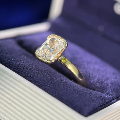 14k Yellow Gold and Half-bezel-low-set 1.70ct F VS Cushion Lab Diamond and 2pc Light Teal on 2.5mm Band Custom Ring, size 6