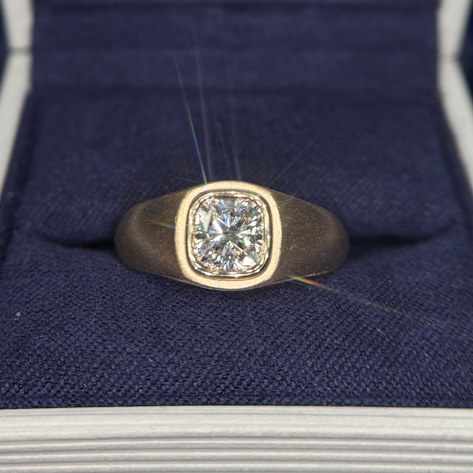 14k Yellow Gold 6x6mm Cushion Lab Diamond Custom Signet Ring, 6 grams, Size 7.25
