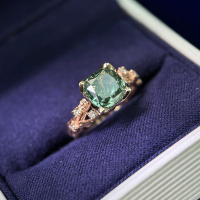 14k Rose Gold and Engraved-leaf-prongs 2.52ct Cushion VVS Lab Green Diamond Low-set on Brunches Band with 6pc Round Lab Diamonds Custom Ring, size 4.5
