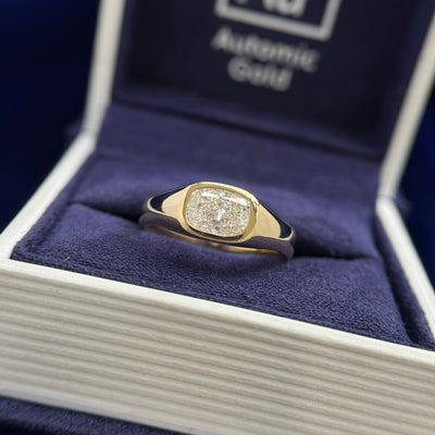 14k Yellow Gold and East-west-low-set 1ct Elongated Cushion Lab Diamond on Custom Chunky Signet Ring, size 6