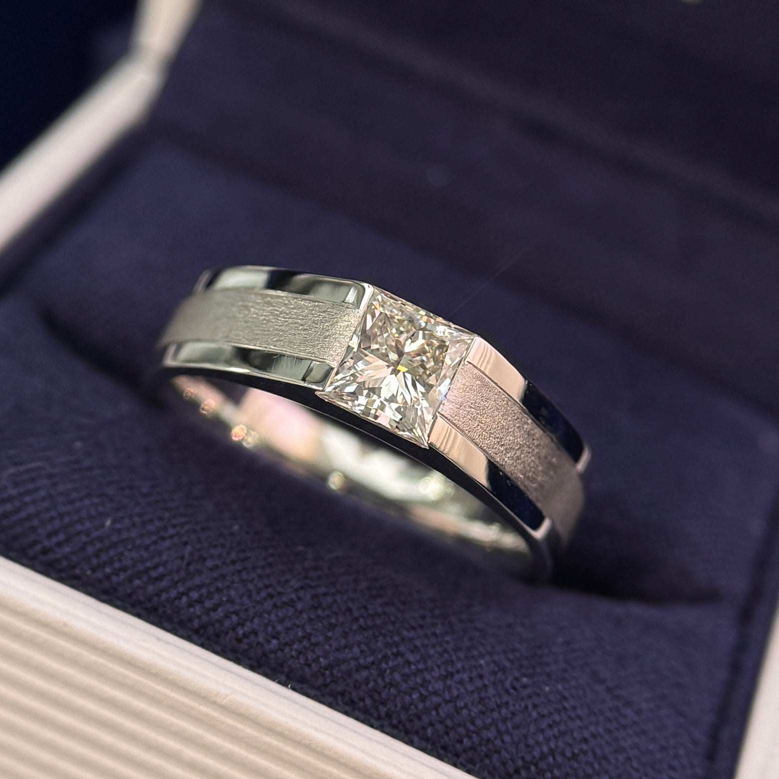 950 Platinum with 1ct 5.5mm Cushion Lab Diamond on all around 7mm Band Signet Custom Ring, 14 grams, size 9