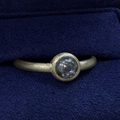 14k Yellow Gold and 0.90ct 6mm Cabochon Round Salt-and-pepper Diamond Bezel set Brushed Textured Custom Ring