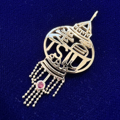 14k Yellow Gold Cut-out Customer's Tsiu Family Lantern with Dangling Bead Chain Tassels and 3mm Round Ruby Custom Pendant Charm