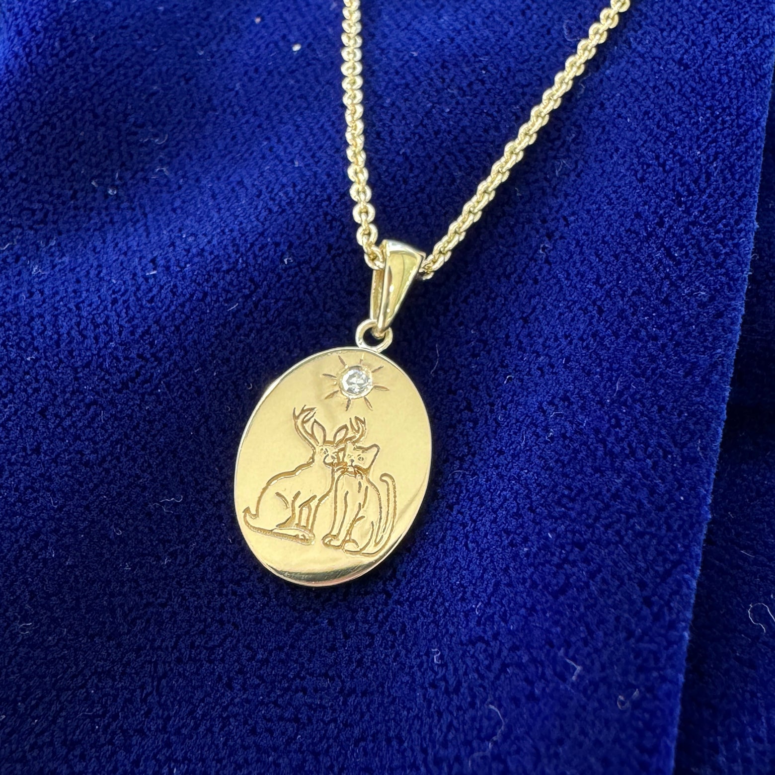 14k Yellow Gold Customer's Heirloom Diamond with Engraved Cat & Jackalope on Custom Oval Pendant