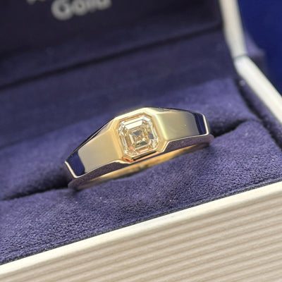 14k Yellow Gold and Asscher 0.94ct J/VVS Natural Diamond Signet Custom Ring Size 8.5