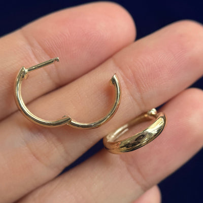 open view of 14k Yellow Gold Curvy Hoops 15mm Outer Diameter Custom Hoops with custom lowered post, Pair