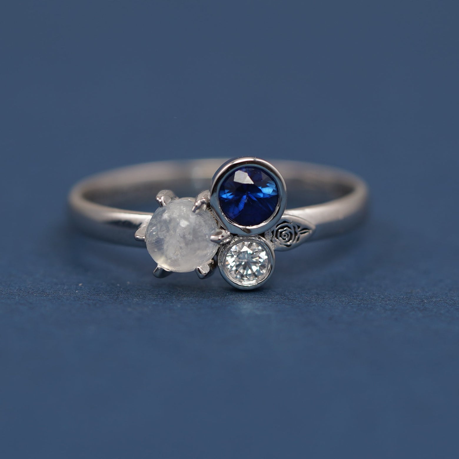 14k White Gold Round Moonstone Sapphire and Diamond with Rose Engraving Custom Ring
