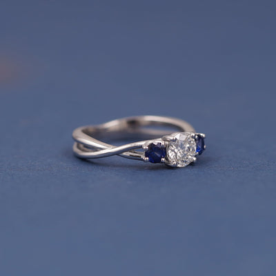 14k White Gold and 1ct Round Diamond with Round Blue Sapphires Trellis set Open Band 3-stone Custom Ring