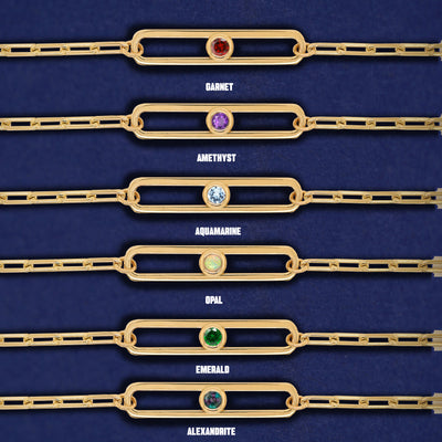 Six one-stone Dancing Gemstone necklaces showing options of Garnet, Amethyst, Aquamarine, Opal, Emerald, and Alexandrite