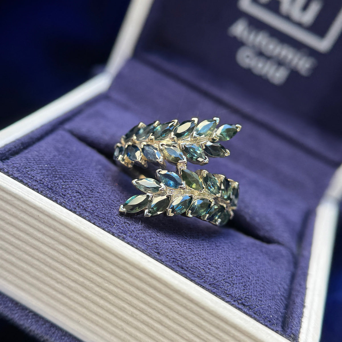 14k Champagne Gold and 2.88ct 24pc Marquise Dark Green Sapphires on 3mm Curvy Mirror Band Custom Ring, size 5.5