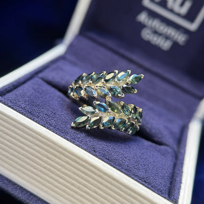 14k Champagne Gold and 2.88ct 24pc Marquise Dark Green Sapphires on 3mm Curvy Mirror Band Custom Ring, size 5.5
