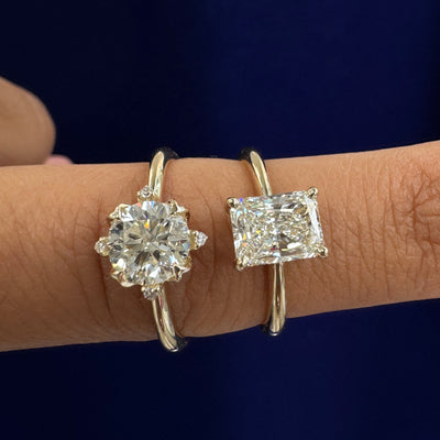 14k Yellow Gold Matching Couple Custom Engagement Rings, one with 1.21ct I/VVS GIA Radiant-cut Natural Diamond, one with 1.11ct J/SI2 Round Natural Diamond