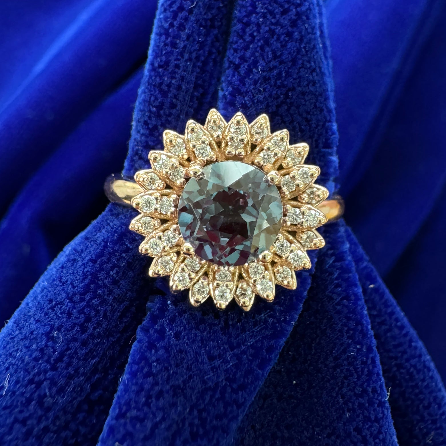 14k Rose Gold 5mm Round Lab Alexandrite with 0.36ctw Natural Round Diamonds set in Dahlia Flower Design Custom Engagement Ring, size 5.5