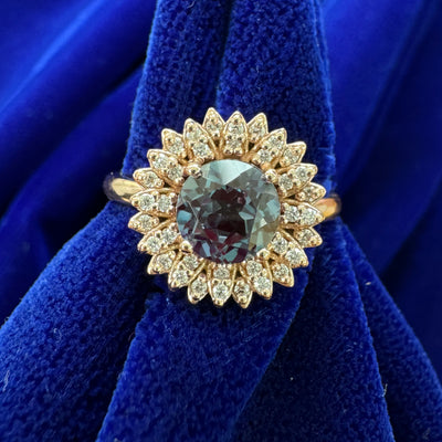 14k Rose Gold 5mm Round Lab Alexandrite with 0.36ctw Natural Round Diamonds set in Dahlia Flower Design Custom Engagement Ring, size 5.5