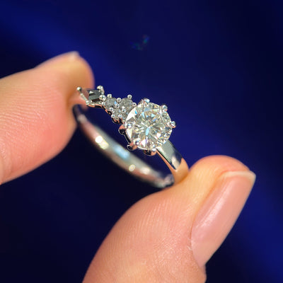 950 Platinum and Customers 6.2mm Round Diamond with 2 Kite and 3 Round Salt-and-pepper Diamonds on 2.5mm Mix Brushed Band Custom Ring, Size 7.25