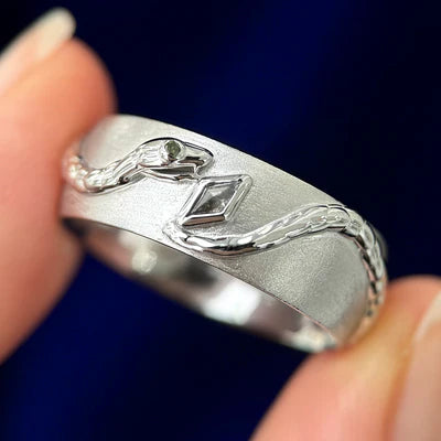 14k White Gold Kite Salt and Pepper Diamond Held by Snake on 7mm Band Custom Ring