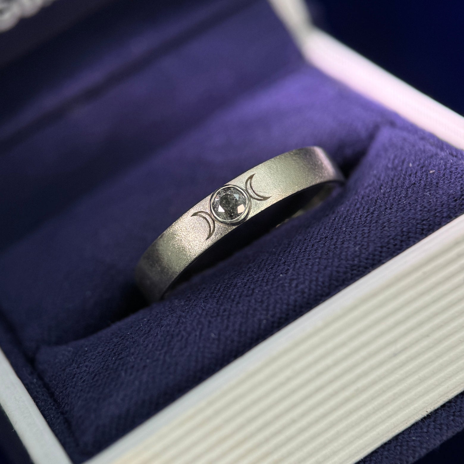 14k Champagne Gold and Bezel-low-set 3mm Salt-and-pepper Diamond and Moon Engravings on 4mm Stardust Mix Band Custom Ring, size 9