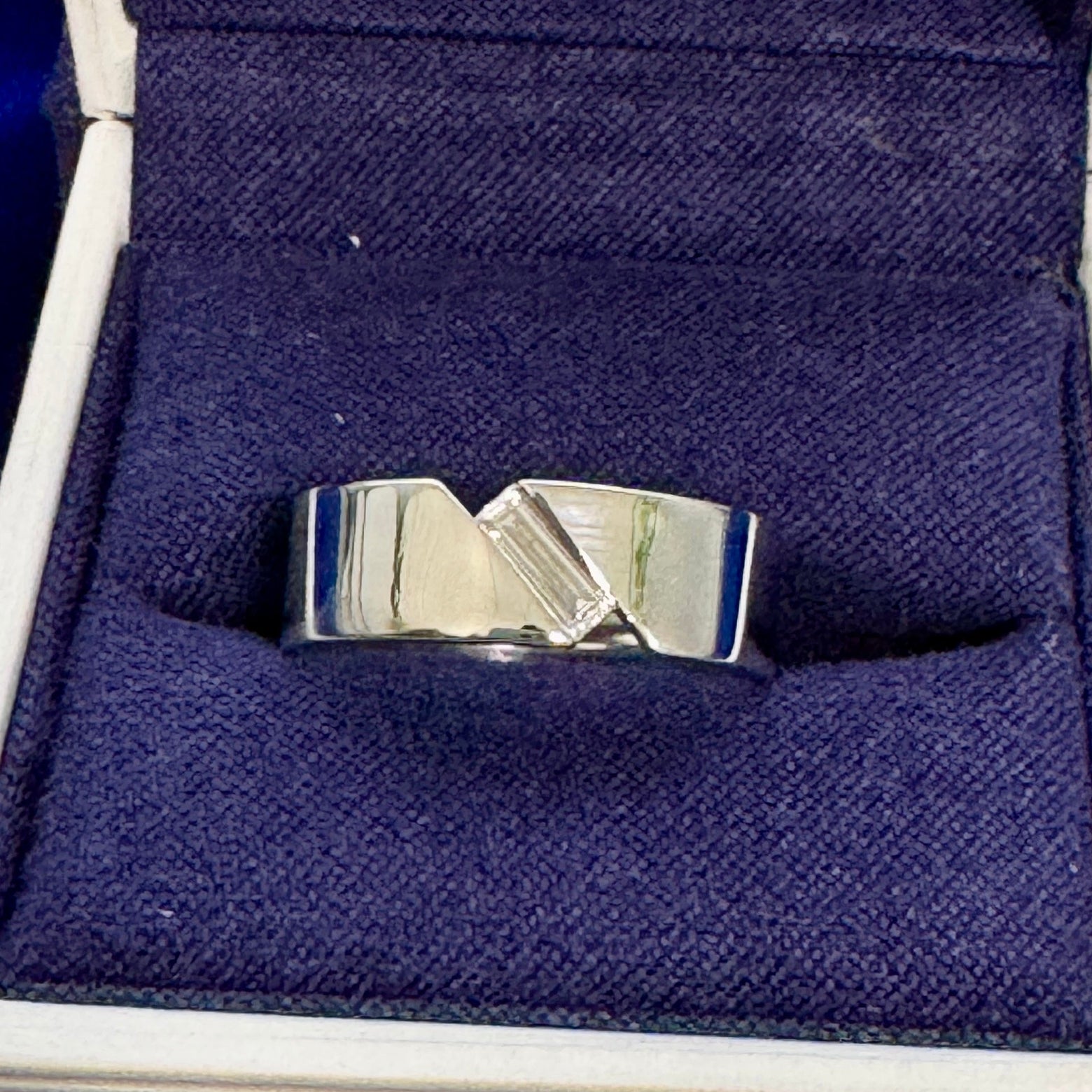 950 Platinum and Diagonally Tension set Baguette Diamond on 6mm Polished Flat Wide Band Custom Ring