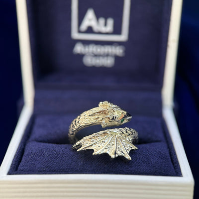 14k Champagne Gold Wrap Around Dragon with Scales and Emeralds Custom Ring Size 6.5