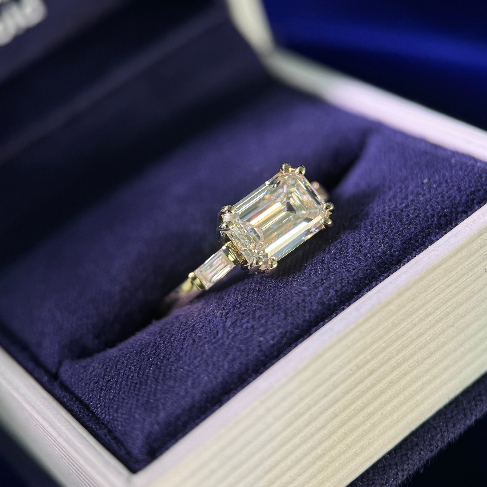 14k Yellow Gold and East-west-low-set 2.5ct Lab Emerald-cut Diamond with 2pc 2x4mm Baguette Lab Diamonds on 2mm Band Custom Ring, size 7