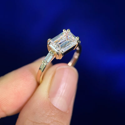 14k Yellow Gold and East-west-low-set 2.5ct Lab Emerald-cut Diamond with 2pc 2x4mm Baguette Lab Diamonds on 2mm Band Custom Ring, size 7