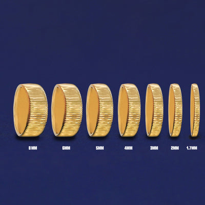 Seven versions of the Edge Band showing the different thickness options of the ring from 8mm to 1.7mm