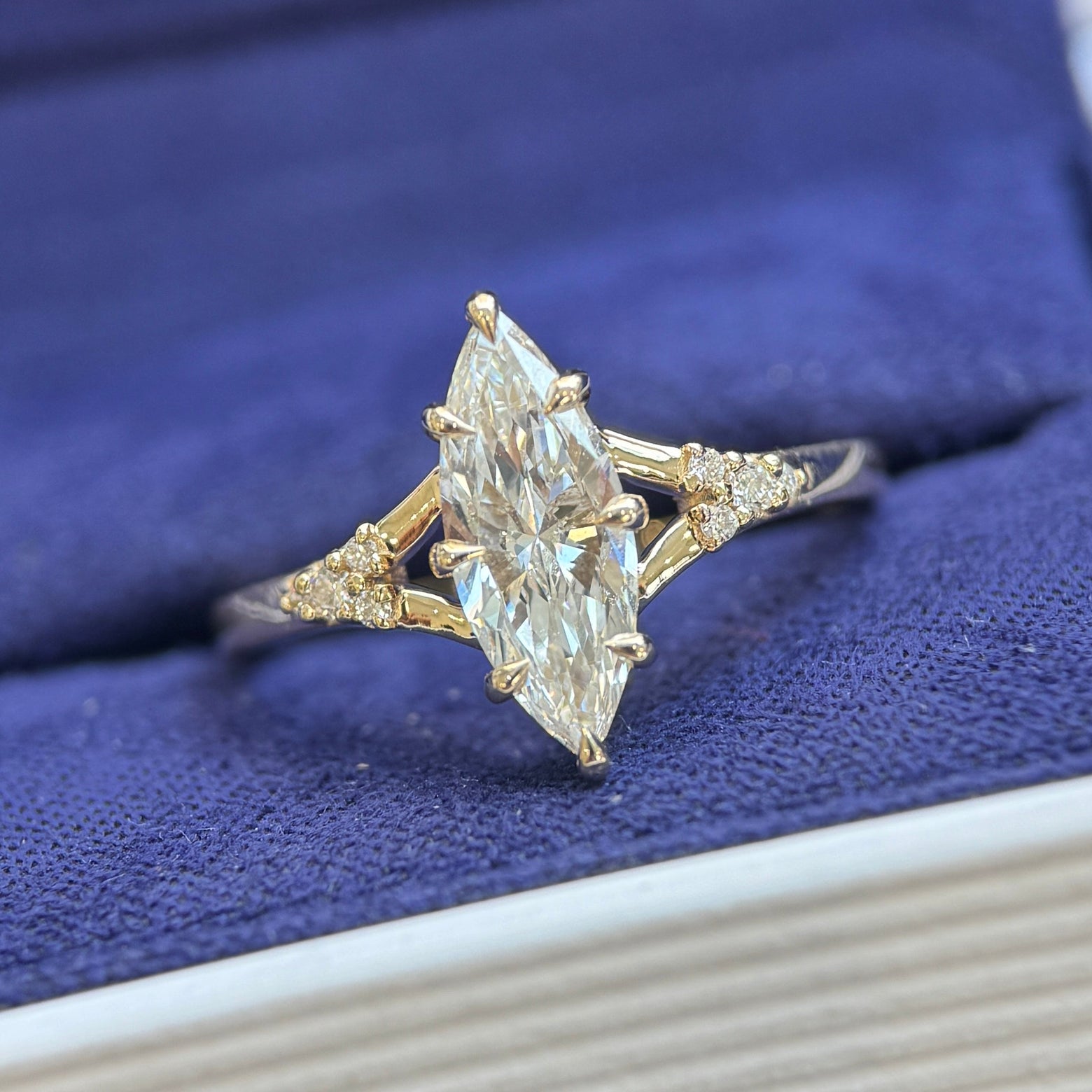 14k Yellow Gold and 8-claw-prongs-set 1ct Elongated Marquise Lab Diamond with Small Lab Diamonds on Split Shank Band Custom Ring Size 6.5