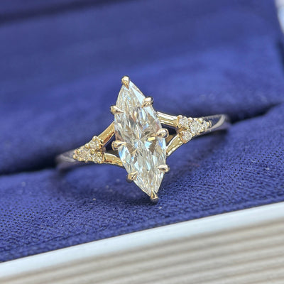 14k Yellow Gold and 8-claw-prongs-set 1ct Elongated Marquise Lab Diamond with Small Lab Diamonds on Split Shank Band Custom Ring Size 6.5