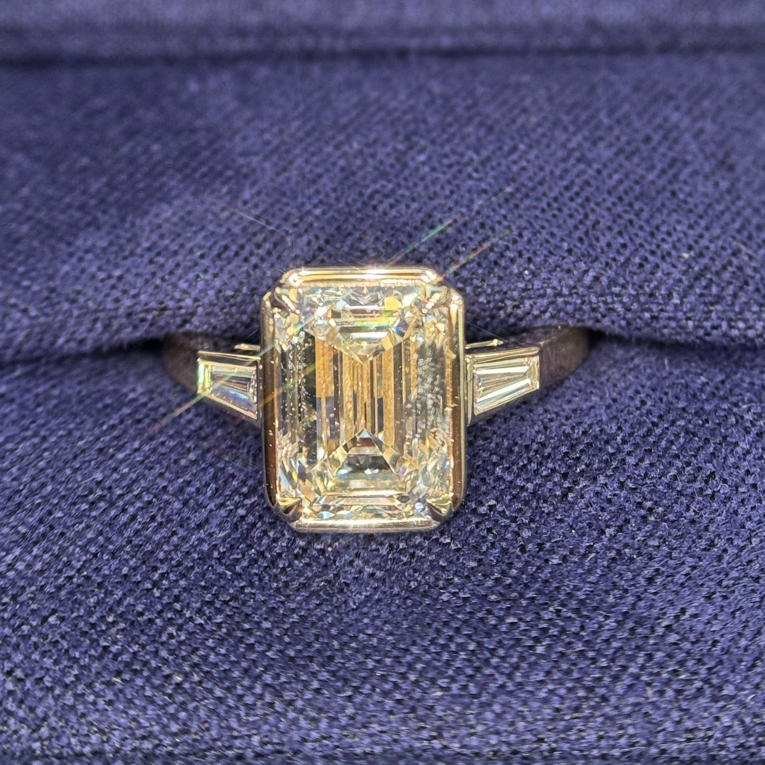 14k Yellow Gold and Bezel-set 2.5ct Emerald-cut Lab Diamond with two Tapered Baguette Lab Diamonds 3-stone Custom Ring, size 4.75