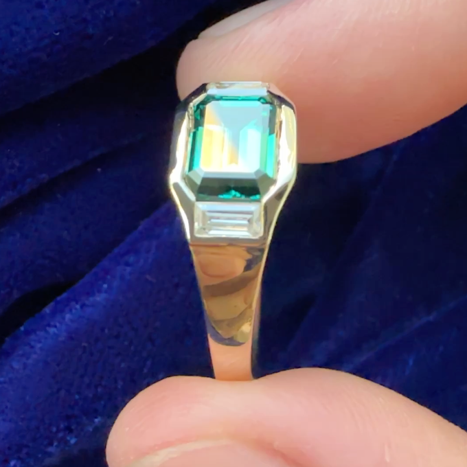 14k Yellow Gold Flush-set Emerald-cut Lab Emerald Shared Walls with Baguette Lab Diamonds Signet 3-stone Custom Ring