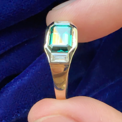 14k Yellow Gold Flush-set Emerald-cut Lab Emerald Shared Walls with Baguette Lab Diamonds Signet 3-stone Custom Ring