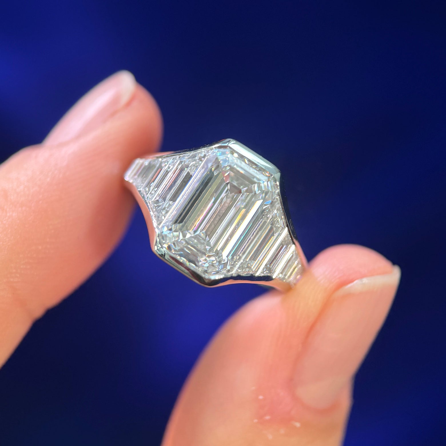 950 Platinum with 9ctw Custom-cut Emerald-cut Lab Diamond center with Baguettes Channel-set into the band three fourth around and 6pc Flat Marquise Lab Diamonds Comfort-fit Band Custom Ring, size 6.25