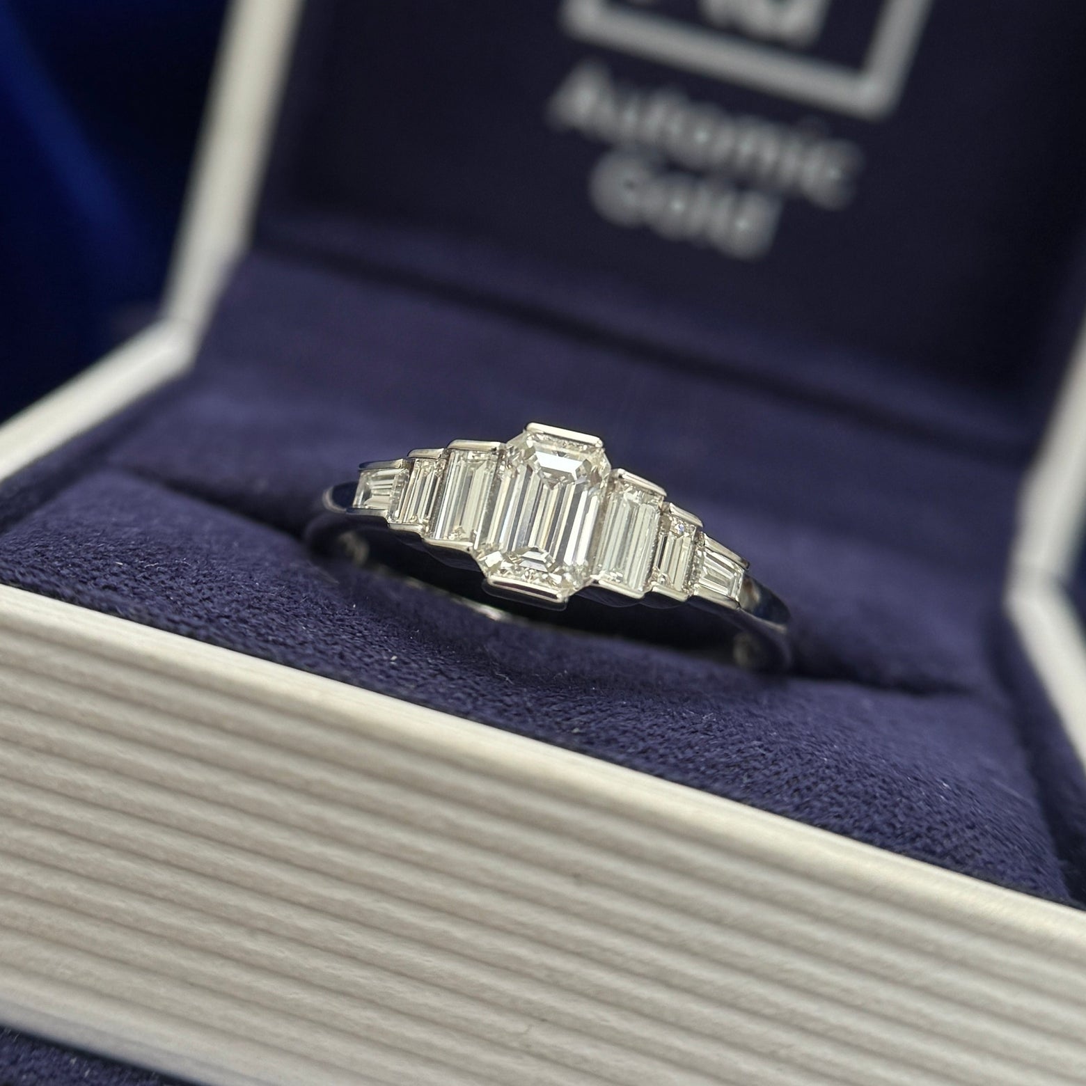 14k White Gold and 0.80ct Emerald-cut with Baguettes Lab Diamond on Thin Band Custom Ring, size 7.5