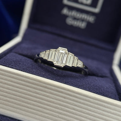 14k White Gold and 0.80ct Emerald-cut with Baguettes Lab Diamond on Thin Band Custom Ring, size 7.5