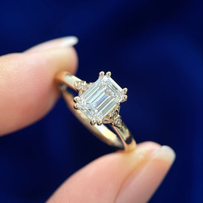 14k Yellow Gold with High-set 1.25ct Emerald-cut Lab Diamond with 8pc Diamonds Under on Plain 2mm Mix Mirror Band Custom Ring, size 5