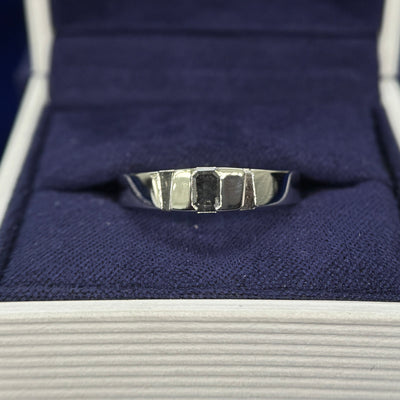 950 Platinum and Tension-set 0.42ct 4.5x3.3mm Emerald-cut Salt-and-pepper Diamond with 2pc Tapered Baguettes Salt-and-pepper Diamonds on 4.5mm Industrial Mirror Band Custom Ring, size 7.5