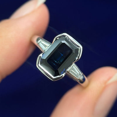14k White Gold Half-bezel-set Customers 6.5x9.5mm Emerald-cut Sapphire and Bezel-set 2pc 4x2mm Baguette Lab Diamonds on 2mm Band Custom Ring, size 7