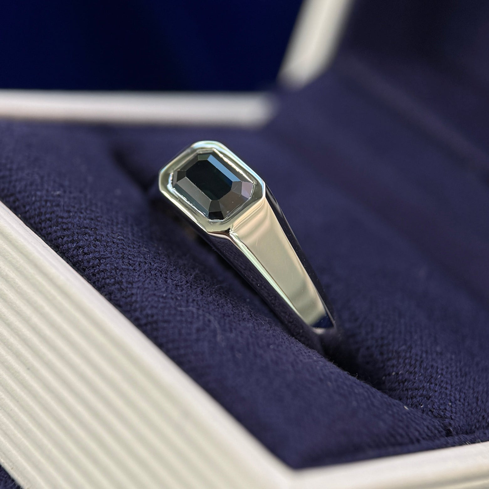 950 Platinum and Hexagon Flash-set 1.58ct Emerald Cut Teal Sapphire on Signet Custom Ring, 10 Grams, Size 7.5
