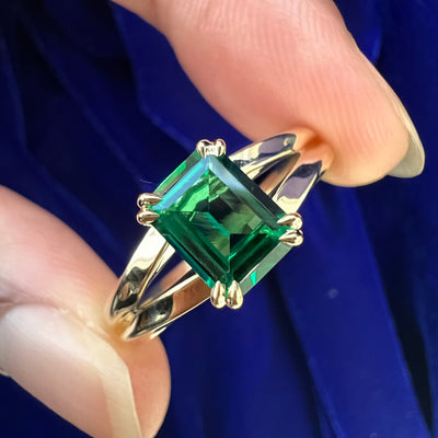 14k Yellow Gold and 2ct 8x6mm Emerald-cut Lab Emerald Set into Custom Split Band Ring, size 11