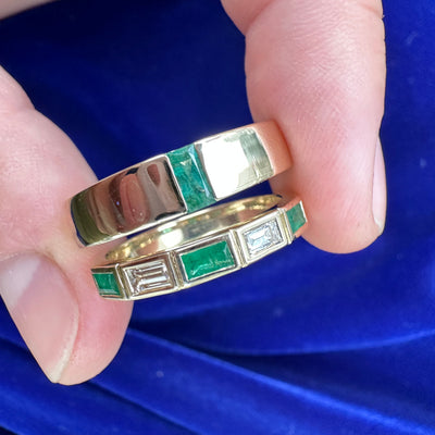 14k Yellow Gold Baguette Natural Emeralds and Diamonds Custom Matching Couple Rings Set