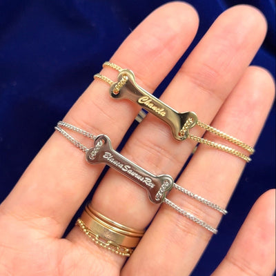 14k Yellow and White Gold Engraved Dog Bone Double Mini Miami Chain Custom Bracelets Set