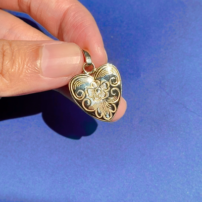 14k Yellow Gold Flower Filigree Engraved Heart Custom Pendant