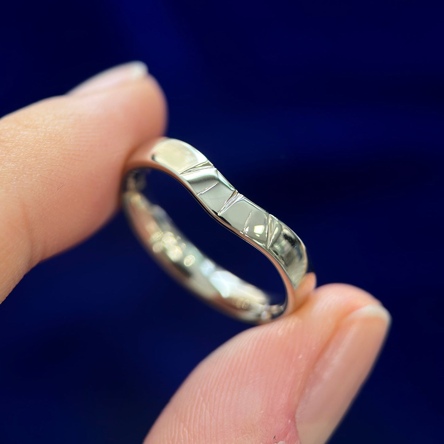 14k Champagne Gold 3.5mm Mix Mirror Band Custom Engraved with Triangles and Lines Nesting, Size 7.5 