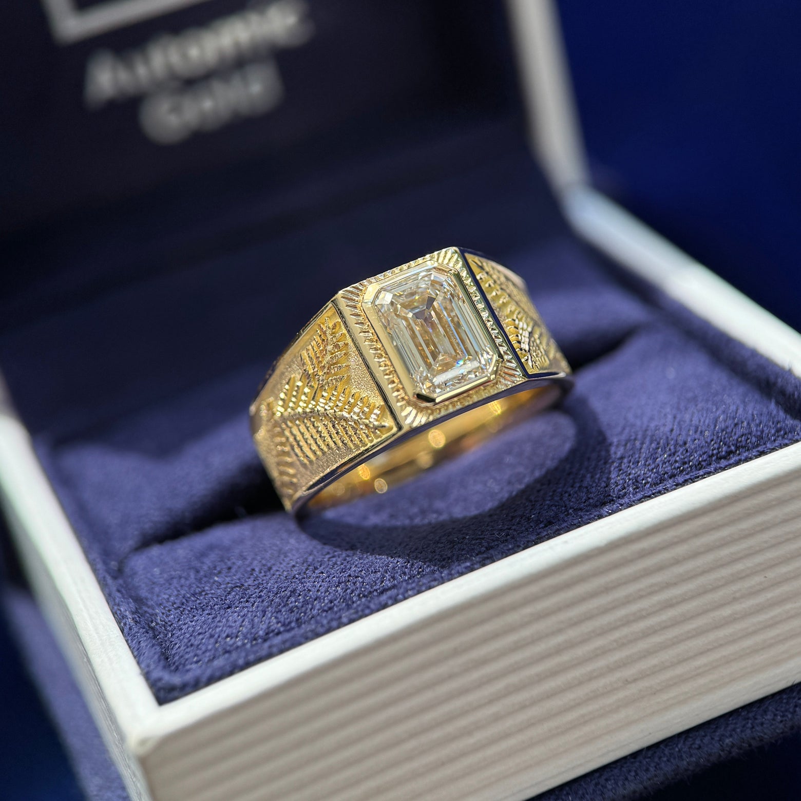 18k Yellow Gold and Bezel-set Etched 1.5ct Emerald-cut Lab Diamond on Pine Engraved Signet-style Custom Ring, size 7