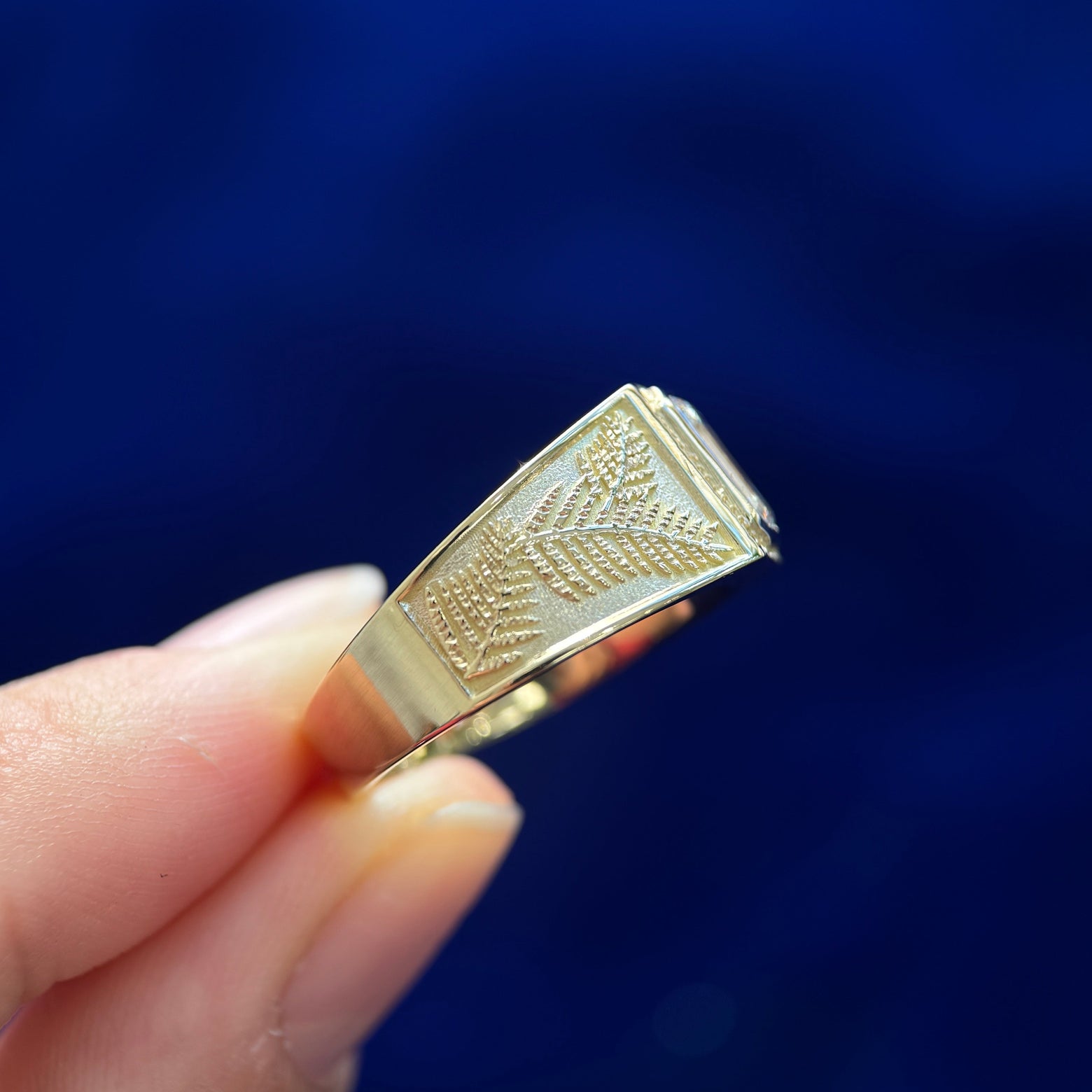 18k Yellow Gold and Bezel-set Etched 1.5ct Emerald-cut Lab Diamond on Pine Engraved Signet-style Custom Ring, size 7