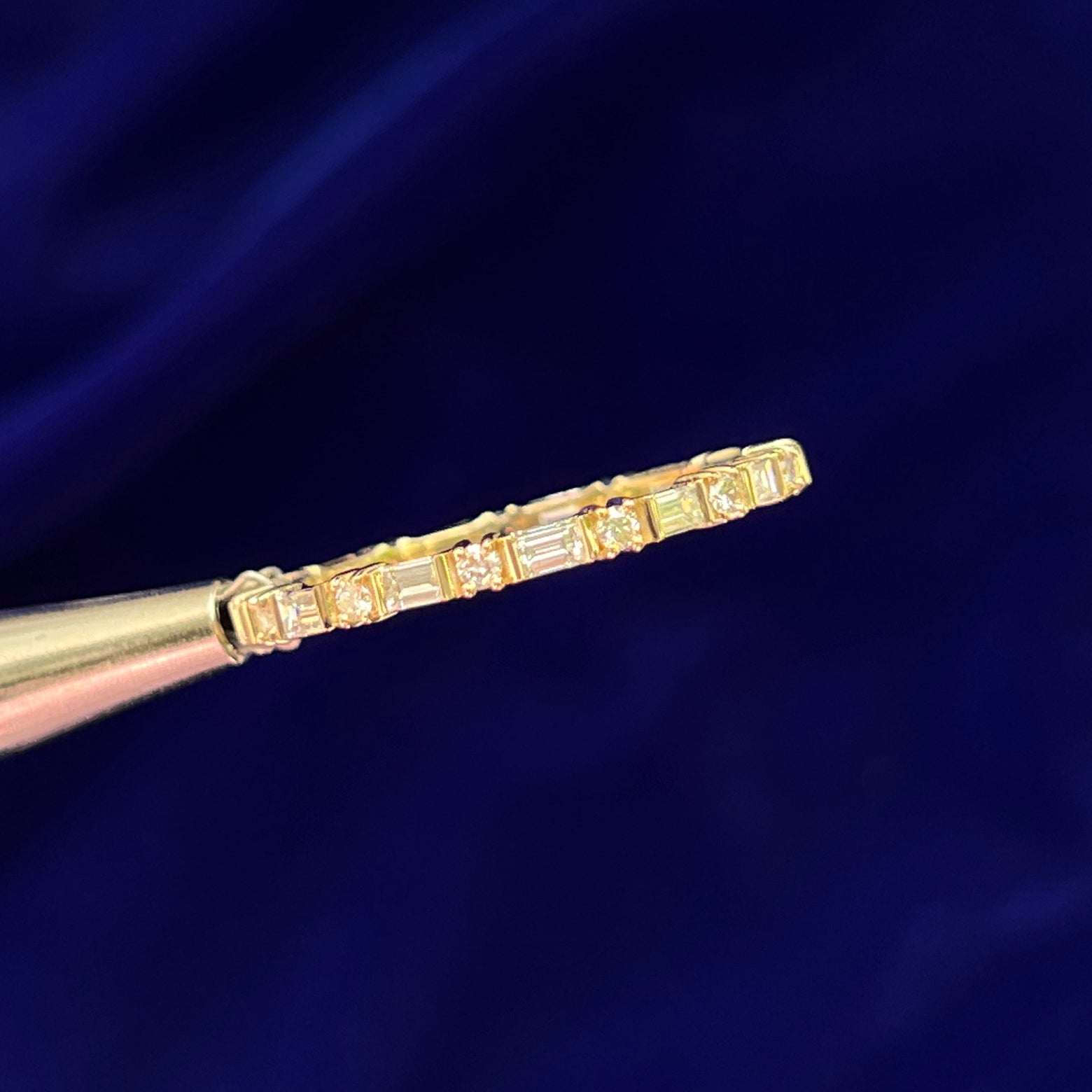 14k Yellow Gold 2mm Eternity Alternating Baguette and Round Diamonds Custom Ring, size 14